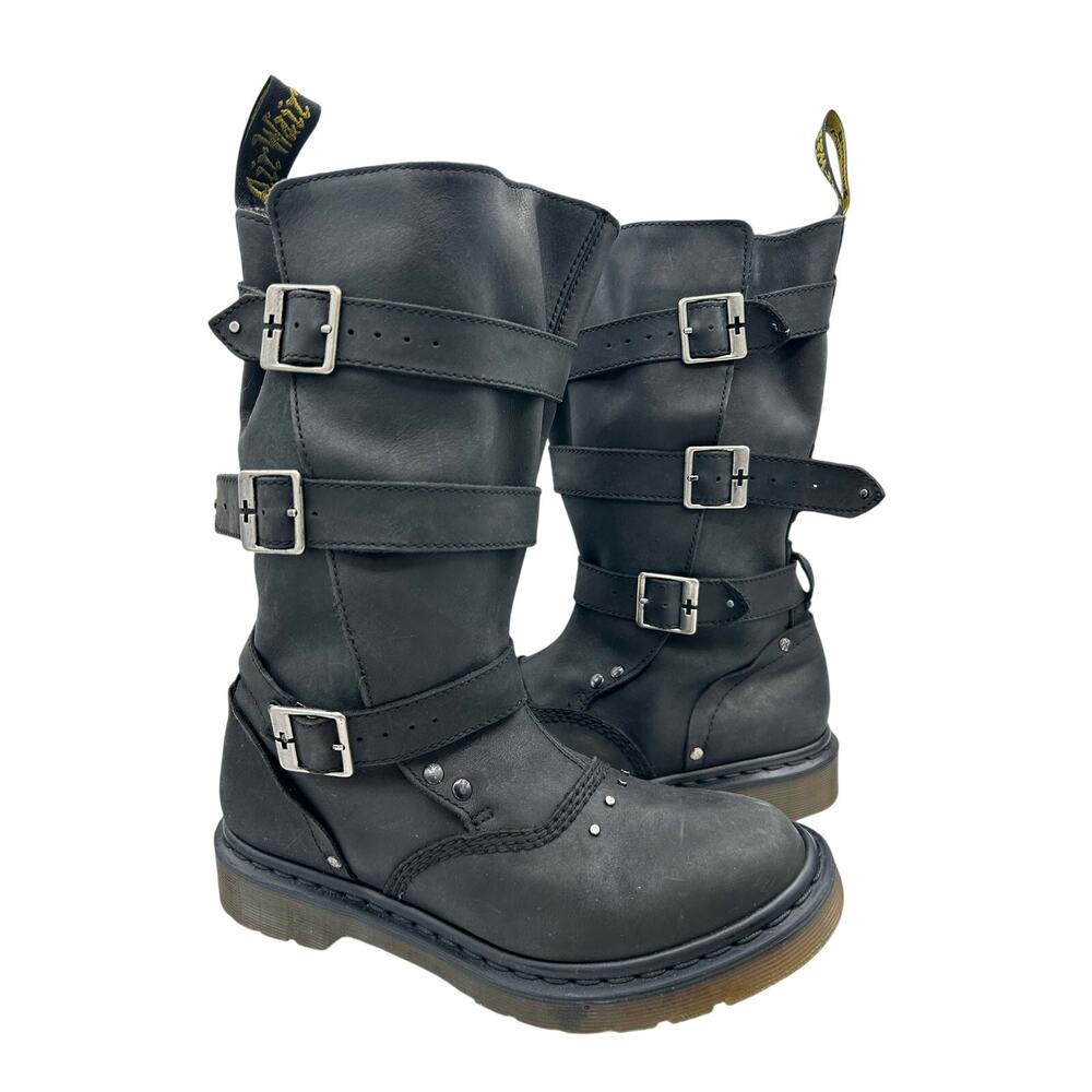 rare, vintage Dr. Martens Jara Buckle Biker Mid-Calf Black Leather Boots WMS 8